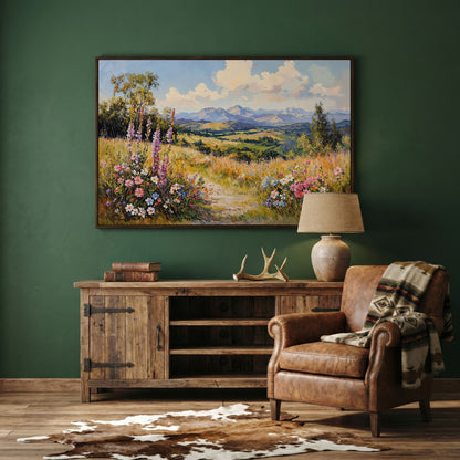 Mountain Landscape with Wildflower Field Canvas in dark walnut floating frame