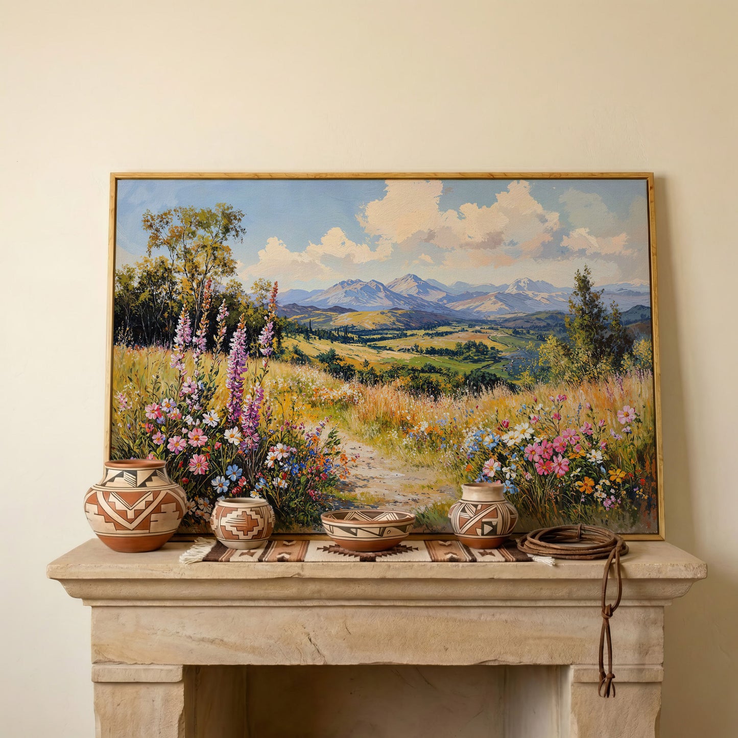 Mountain Landscape with Wildflower Field Canvas in white oak floating frame