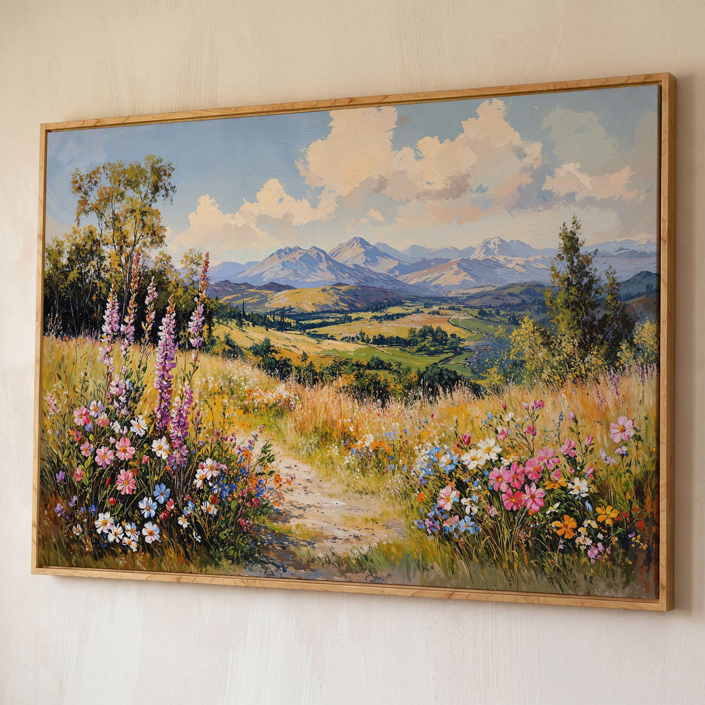 Mountain Landscape with Wildflower Field Canvas shown in white oak floating frame