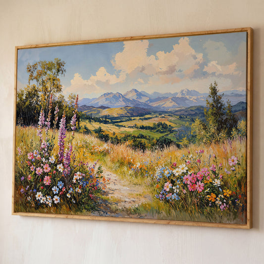 Mountain Landscape with Wildflower Field Canvas shown in white oak floating frame