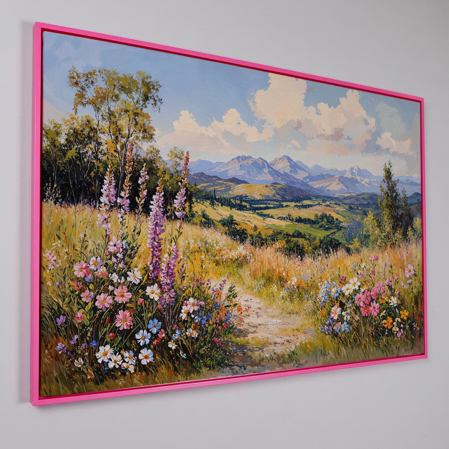Mountain Landscape with Wildflower Field Canvas in pink floating frame