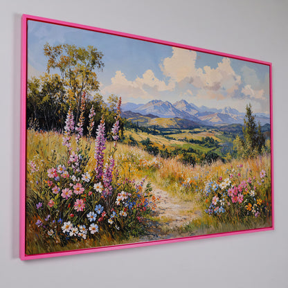 Mountain Landscape with Wildflower Field Canvas in pink floating frame