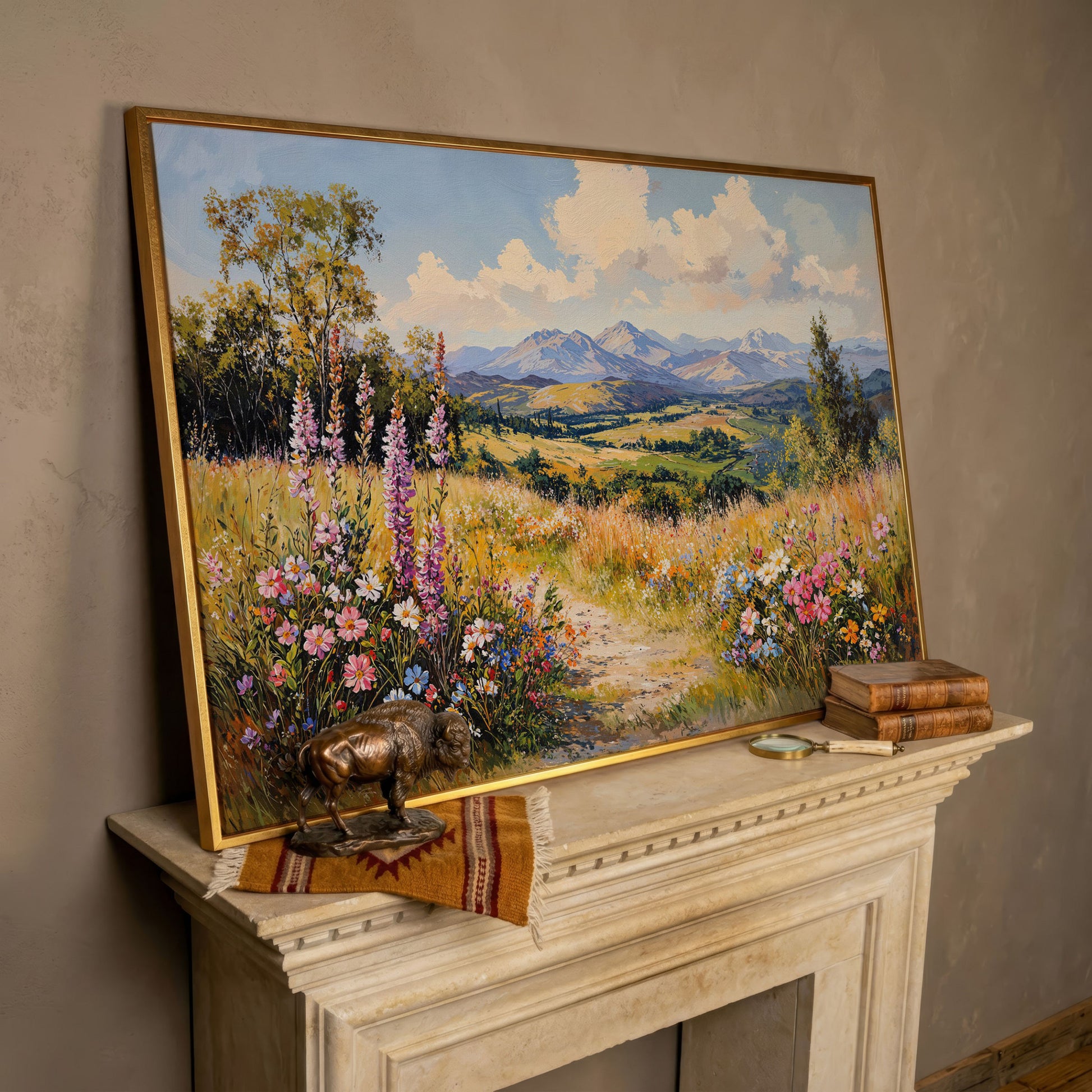 Mountain Landscape with Wildflower Field Canvas in rose gold floating frame