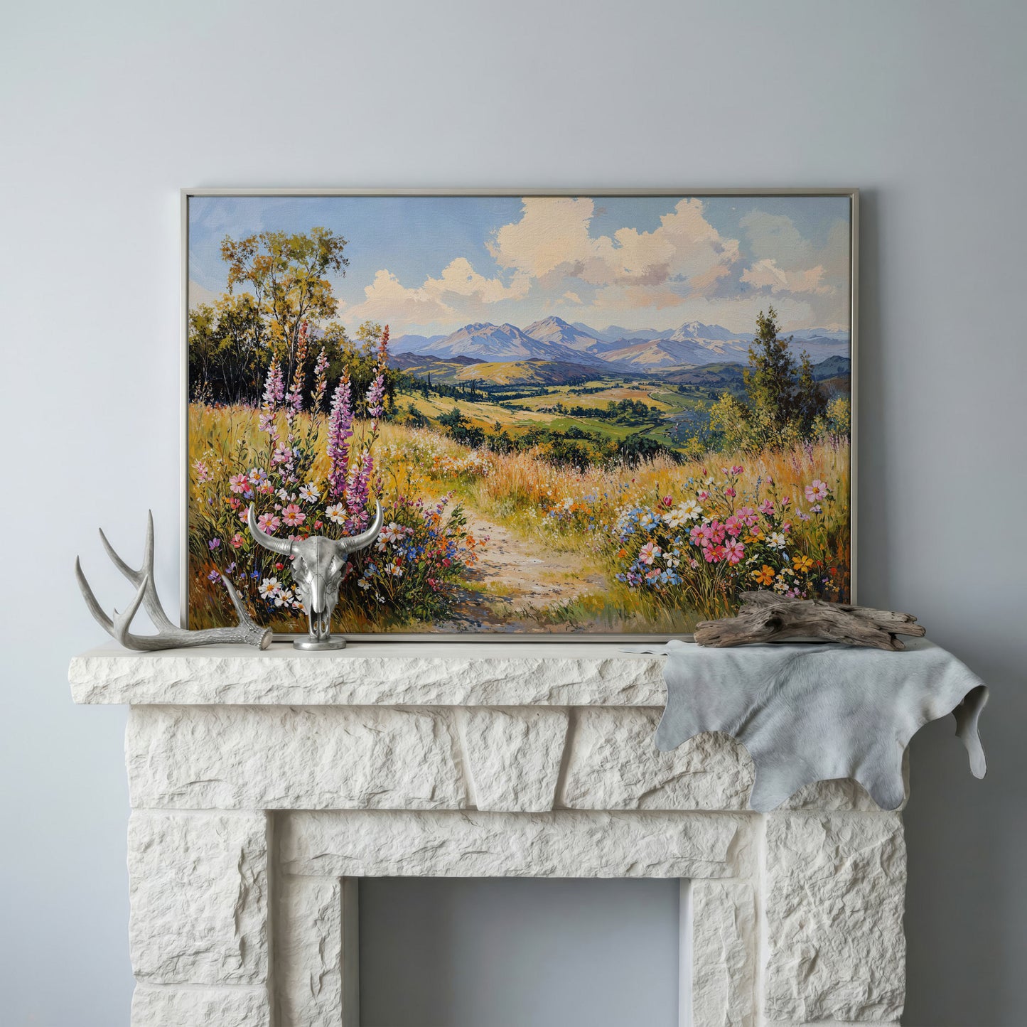 Mountain Landscape with Wildflower Field Canvas in silver floating frame
