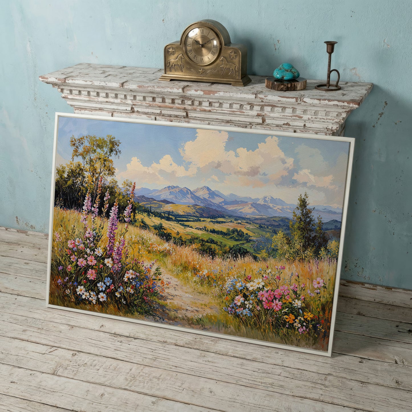 Mountain Landscape with Wildflower Field Canvas in white floating frame