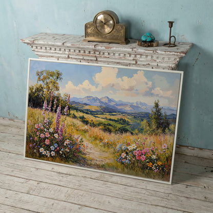Mountain Landscape with Wildflower Field Canvas in white floating frame