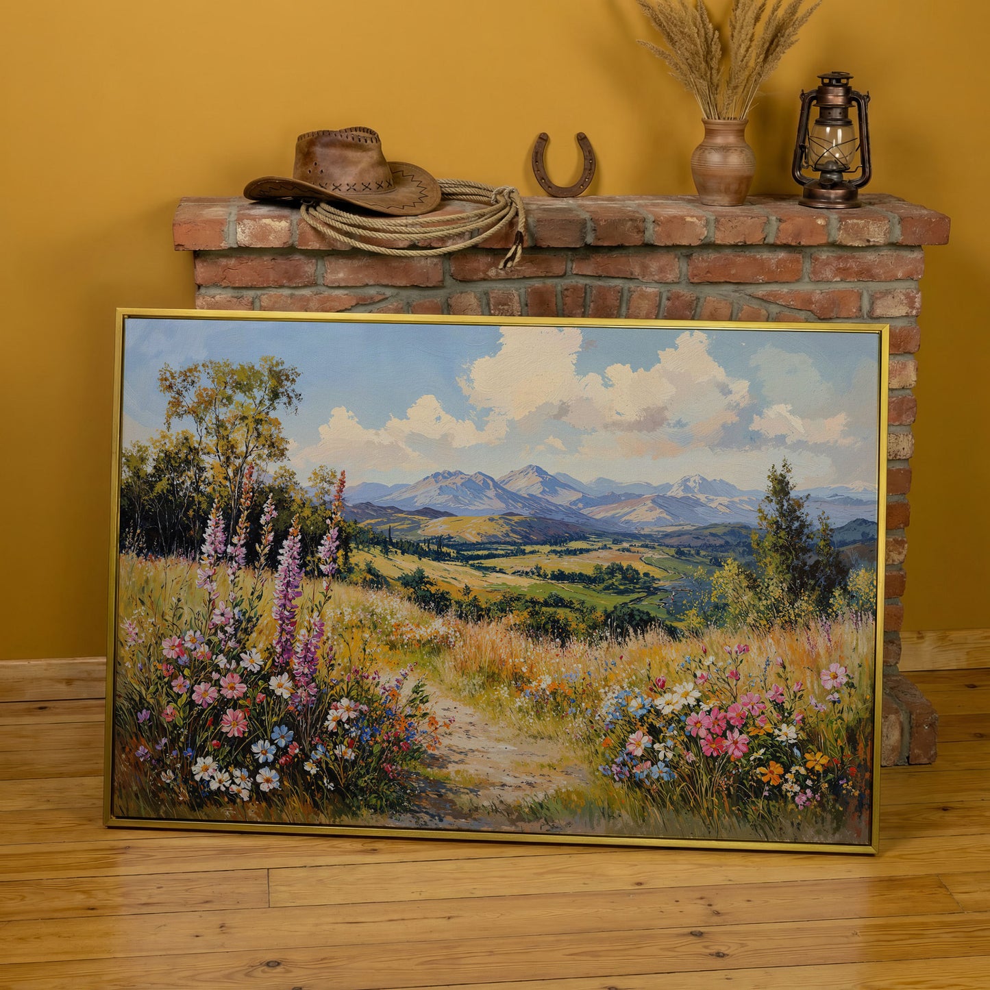 Mountain Landscape with Wildflower Field Canvas in yellow gold floating frame