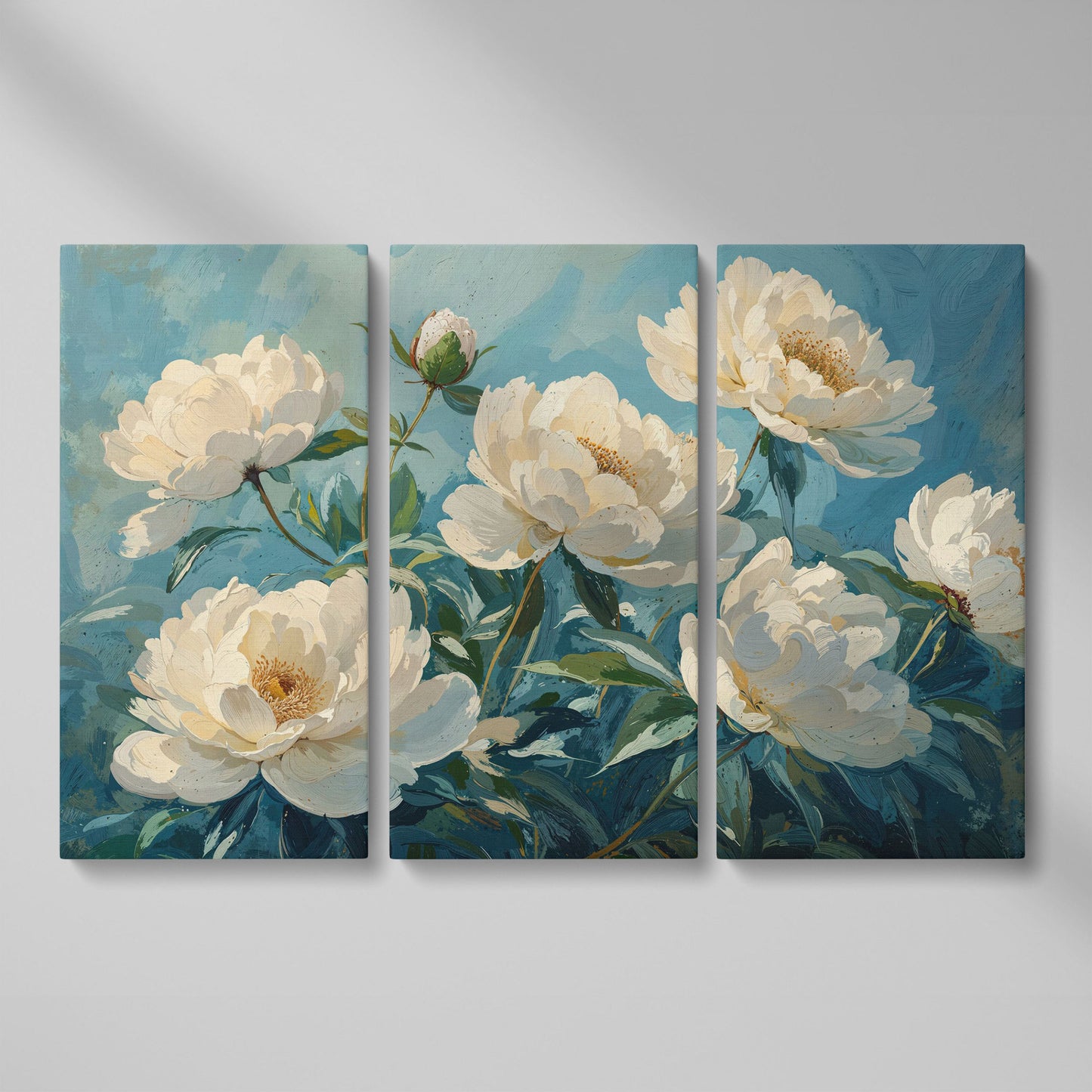 White Peonies Canvas Print with Ivory and Teal as 3-panel split version