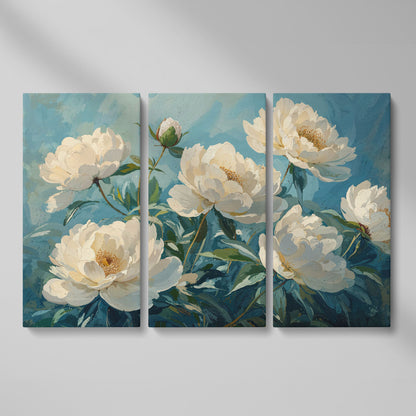 White Peonies Canvas Print with Ivory and Teal as 3-panel split version