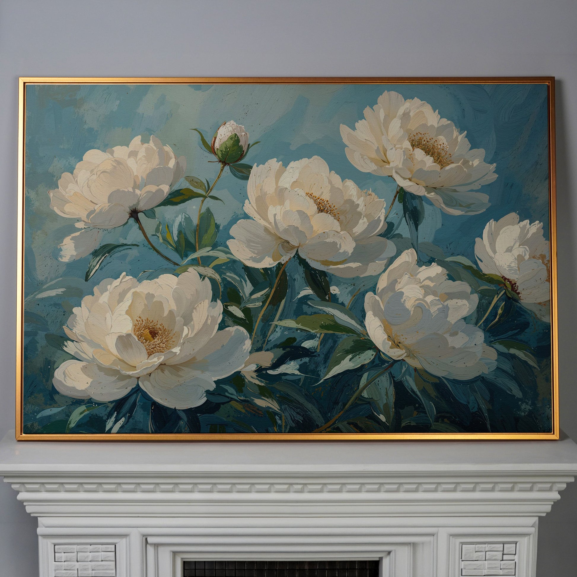 White Peonies Canvas Print with Ivory and Teal in antique gold floating frame