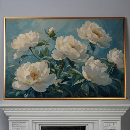 White Peonies Canvas Print with Ivory and Teal in antique gold floating frame