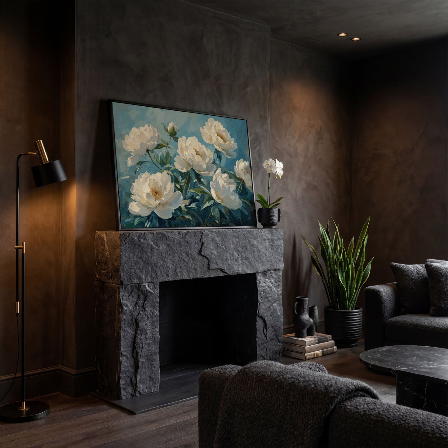 White Peonies Canvas Print with Ivory and Teal in black floating frame