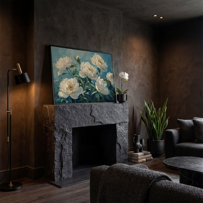 White Peonies Canvas Print with Ivory and Teal in black floating frame