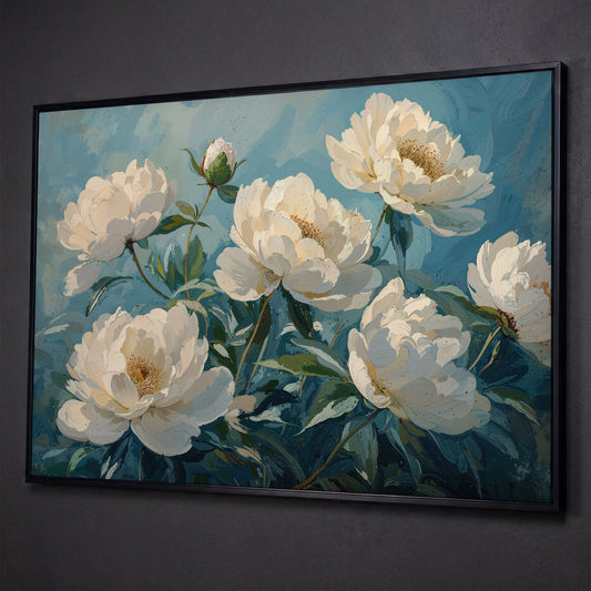 White Peonies Canvas Print with Ivory and Teal shown in black floating frame