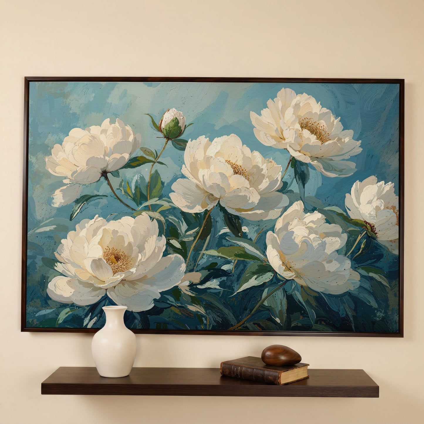 White Peonies Canvas Print with Ivory and Teal in dark walnut floating frame