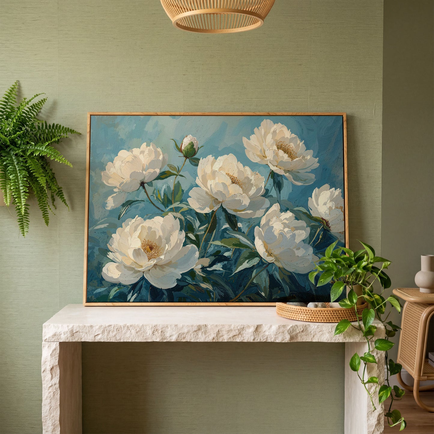 White Peonies Canvas Print with Ivory and Teal in white oak floating frame