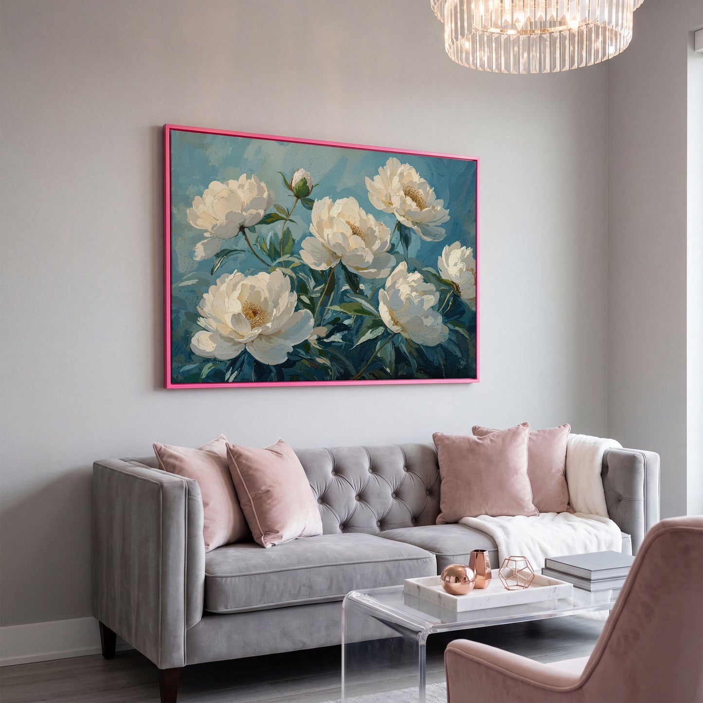 White Peonies Canvas Print with Ivory and Teal in pink floating frame