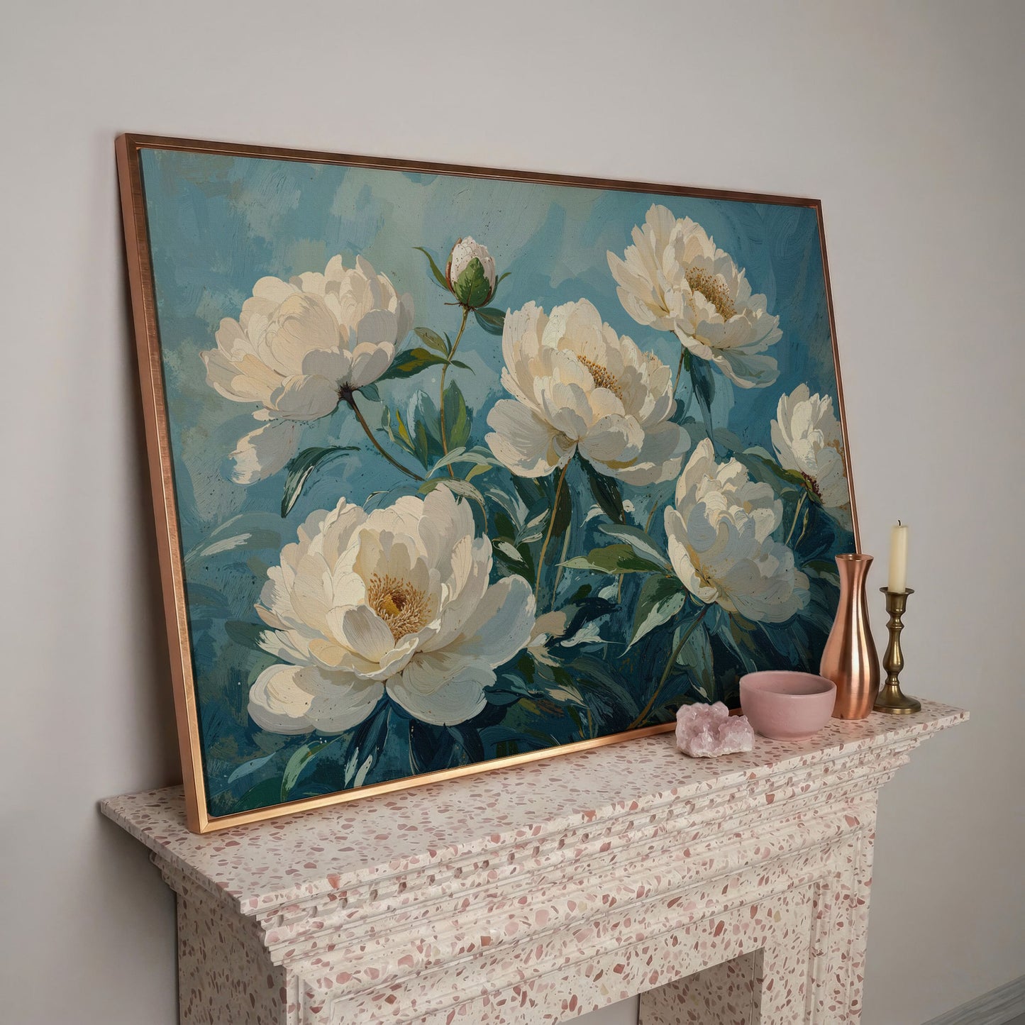 White Peonies Canvas Print with Ivory and Teal in rose gold floating frame
