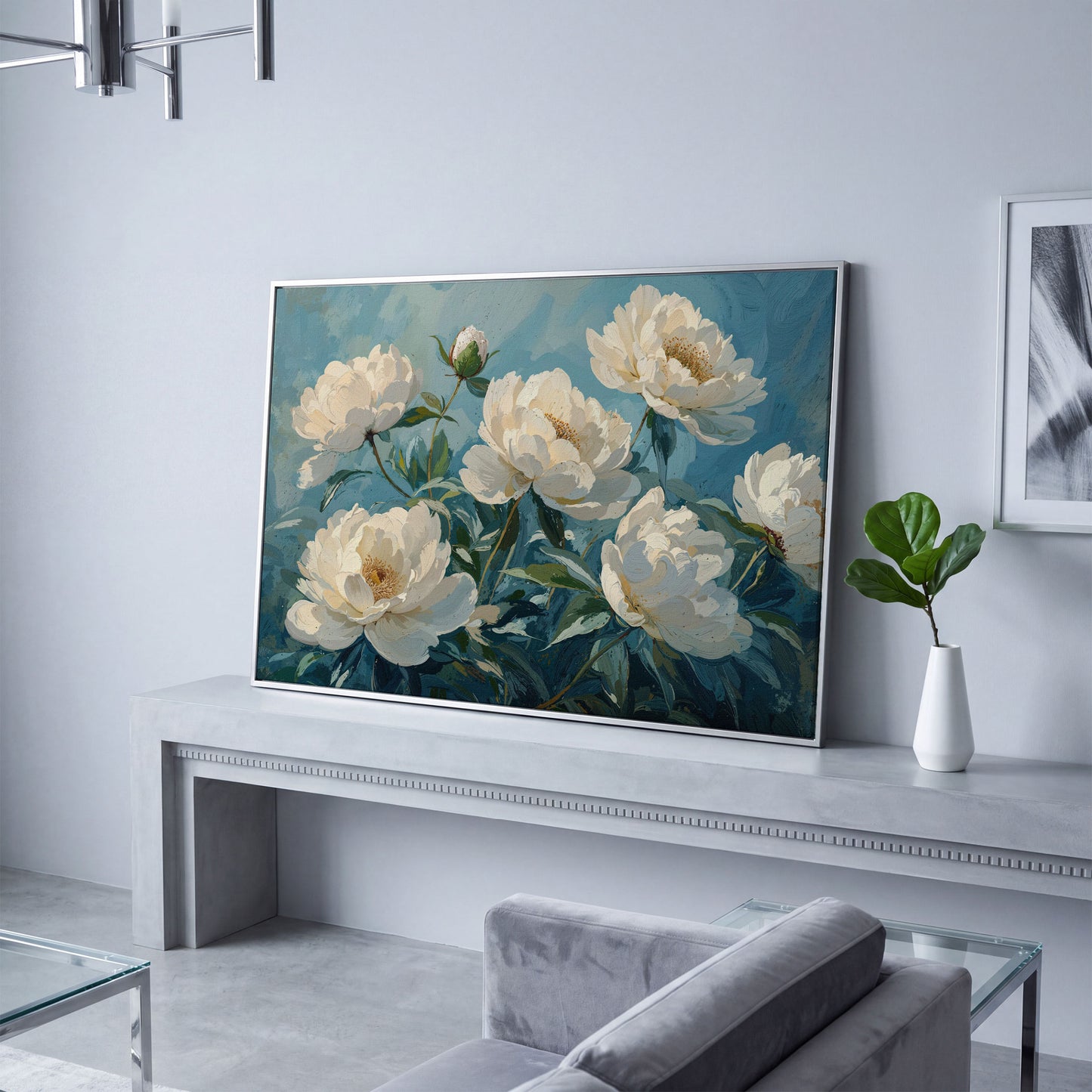 White Peonies Canvas Print with Ivory and Teal in silver floating frame