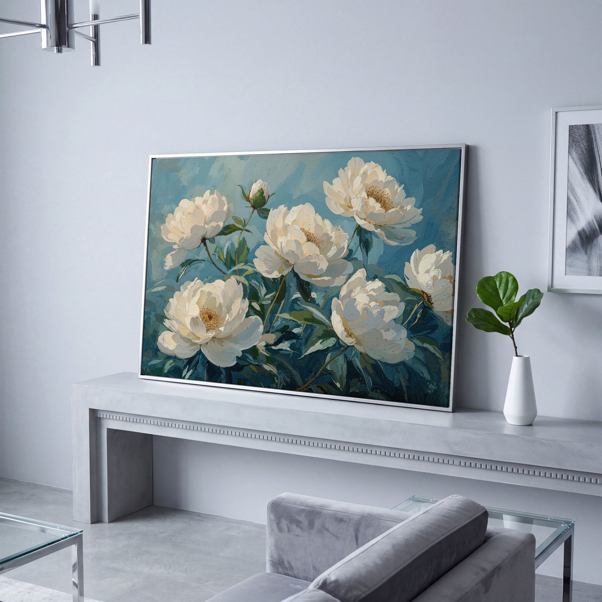 White Peonies Canvas Print with Ivory and Teal in silver floating frame