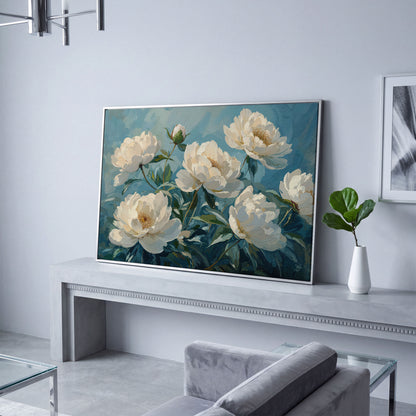 White Peonies Canvas Print with Ivory and Teal in silver floating frame