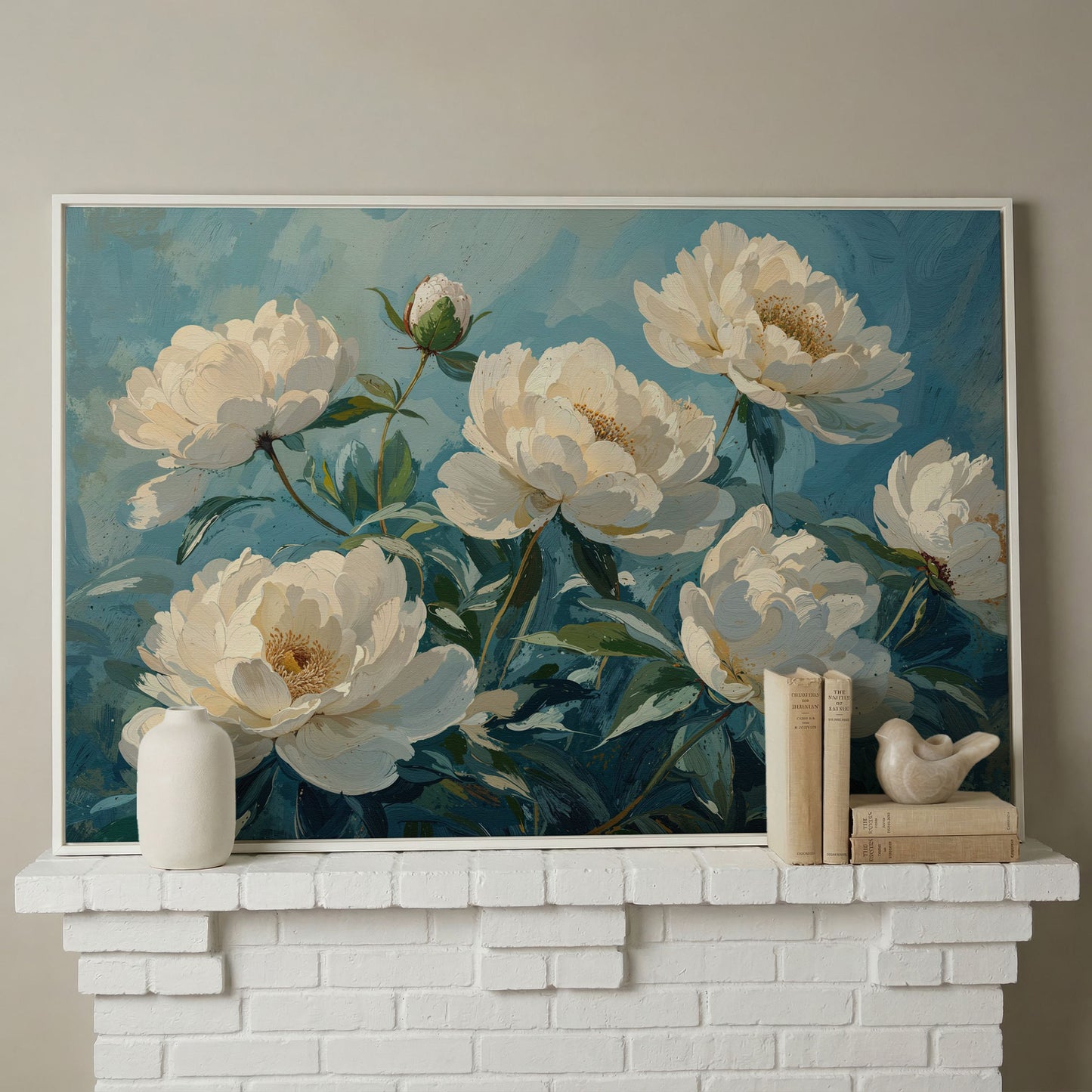 White Peonies Canvas Print with Ivory and Teal in white floating frame