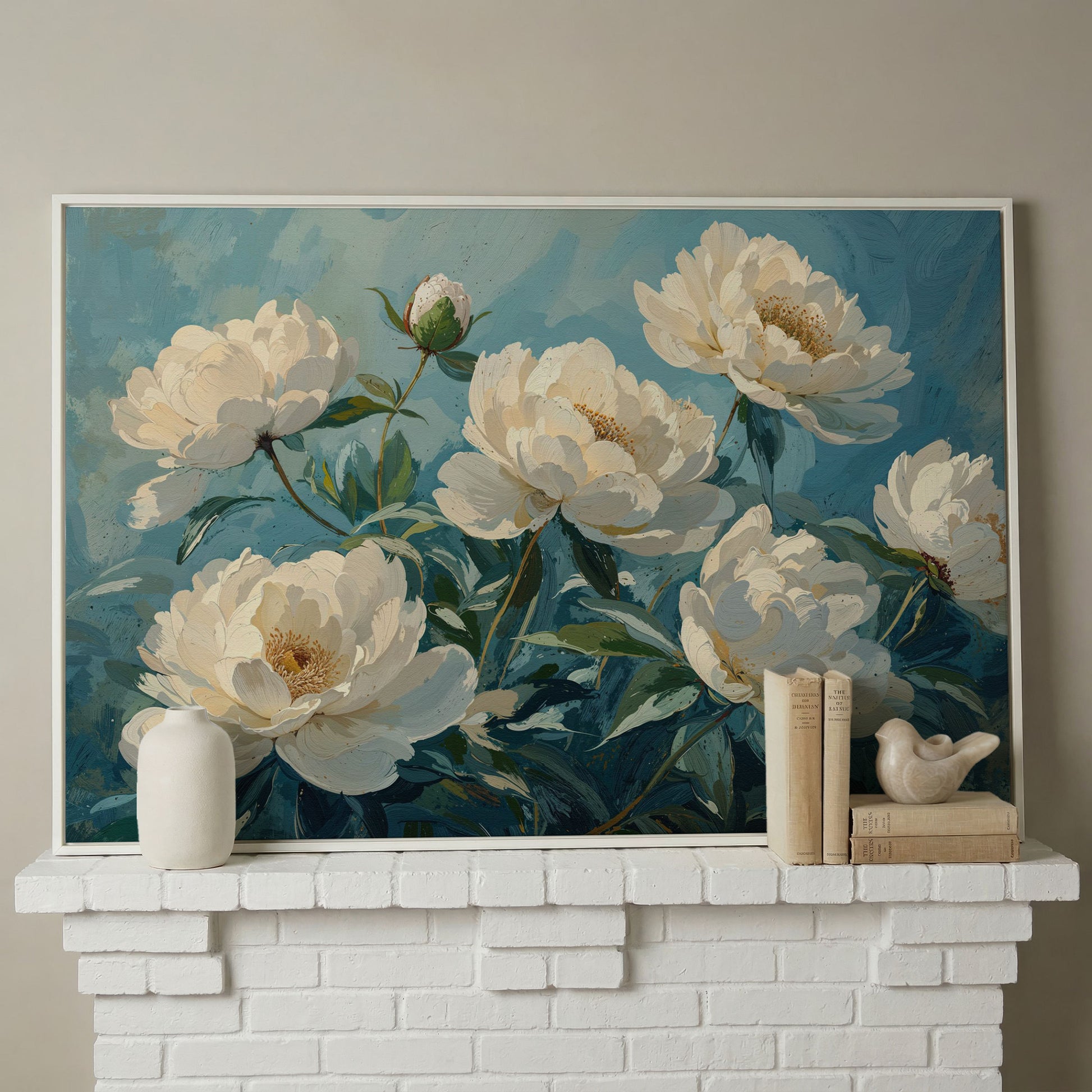 White Peonies Canvas Print with Ivory and Teal in white floating frame