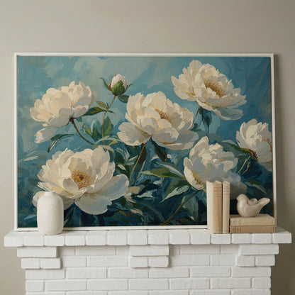 White Peonies Canvas Print with Ivory and Teal in white floating frame