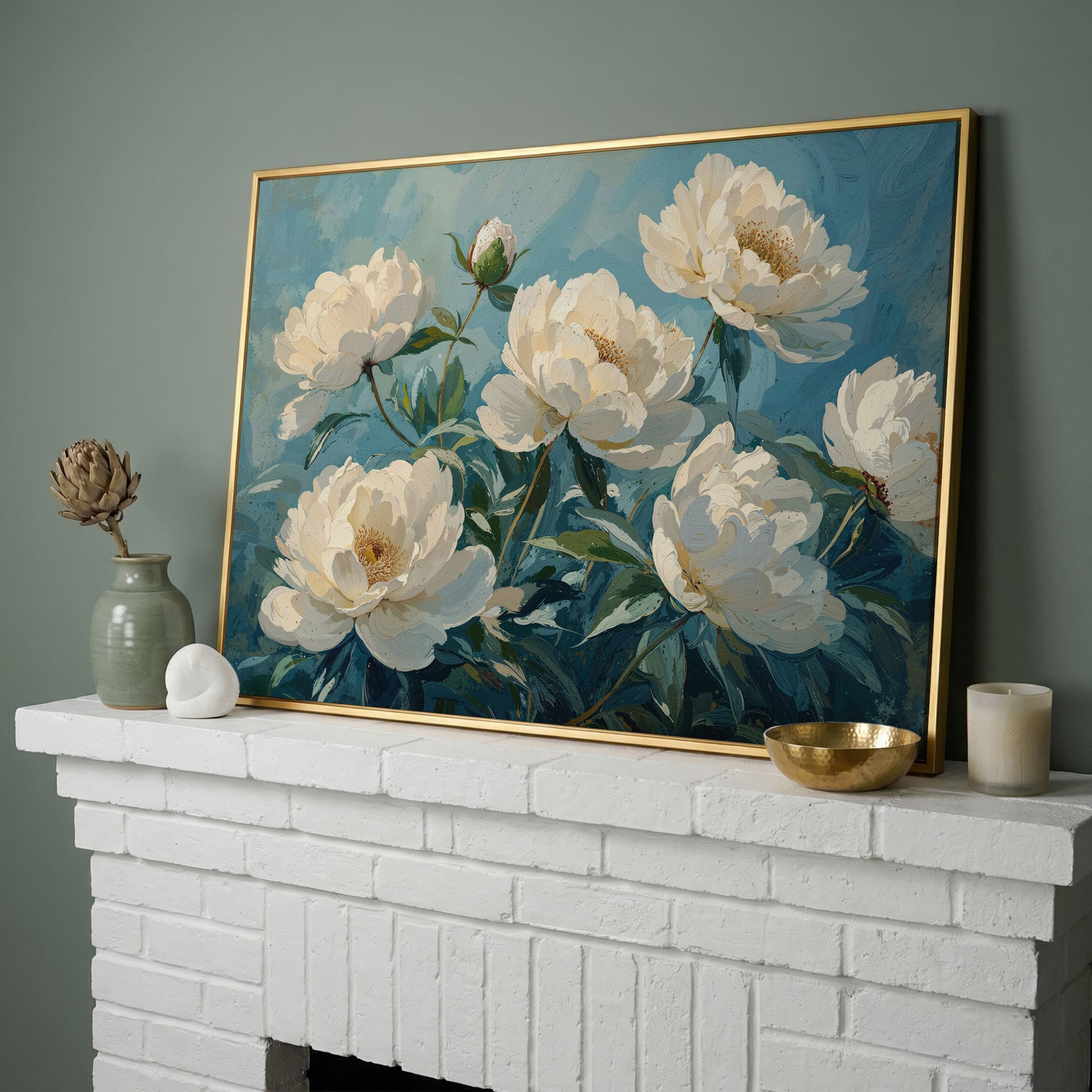 White Peonies Canvas Print with Ivory and Teal in yellow gold floating frame