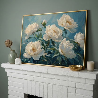 White Peonies Canvas Print with Ivory and Teal in yellow gold floating frame