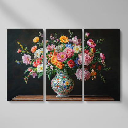 Bold Floral Bouquet in Ornate Vase Canvas Wall Art as 3-panel split version