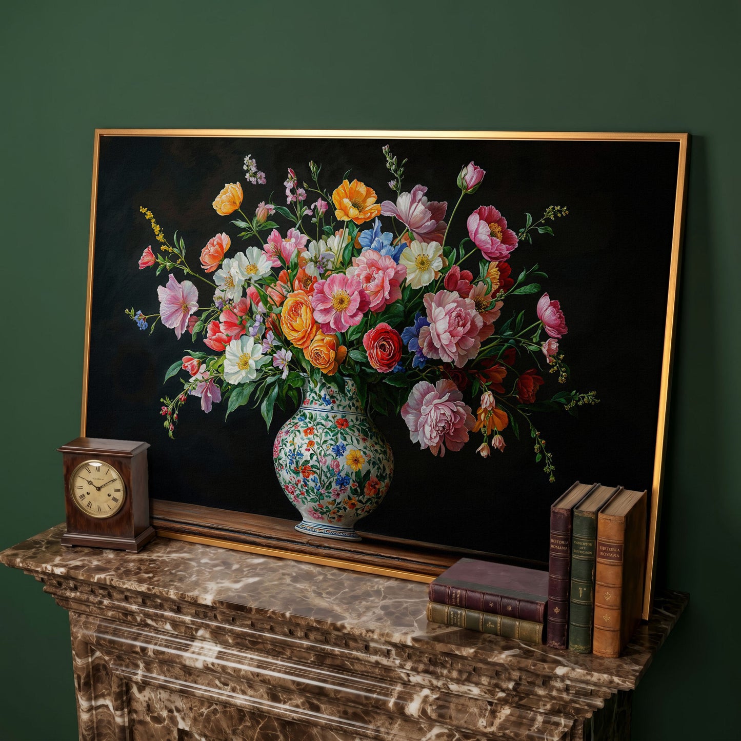 Bold Floral Bouquet in Ornate Vase Canvas Wall Art in antique gold floating frame