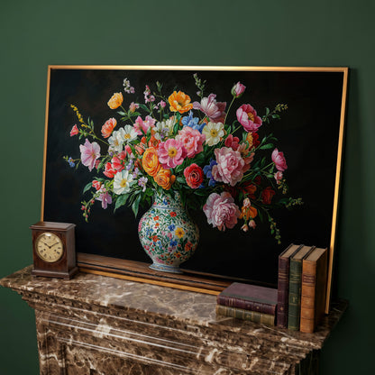 Bold Floral Bouquet in Ornate Vase Canvas Wall Art in antique gold floating frame