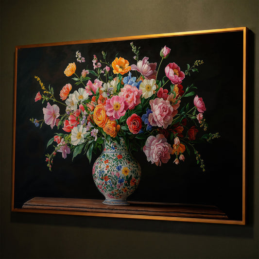 Bold Floral Bouquet in Ornate Vase Canvas Wall Art shown in antique gold floating frame