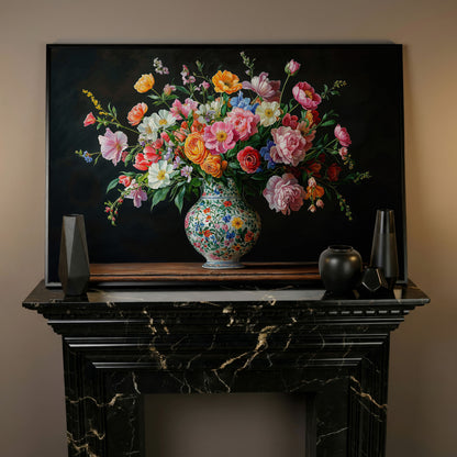 Bold Floral Bouquet in Ornate Vase Canvas Wall Art in black floating frame