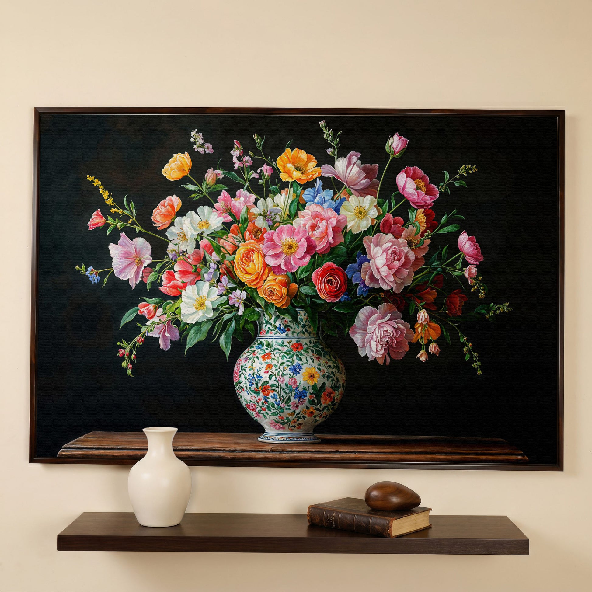Bold Floral Bouquet in Ornate Vase Canvas Wall Art in dark walnut floating frame