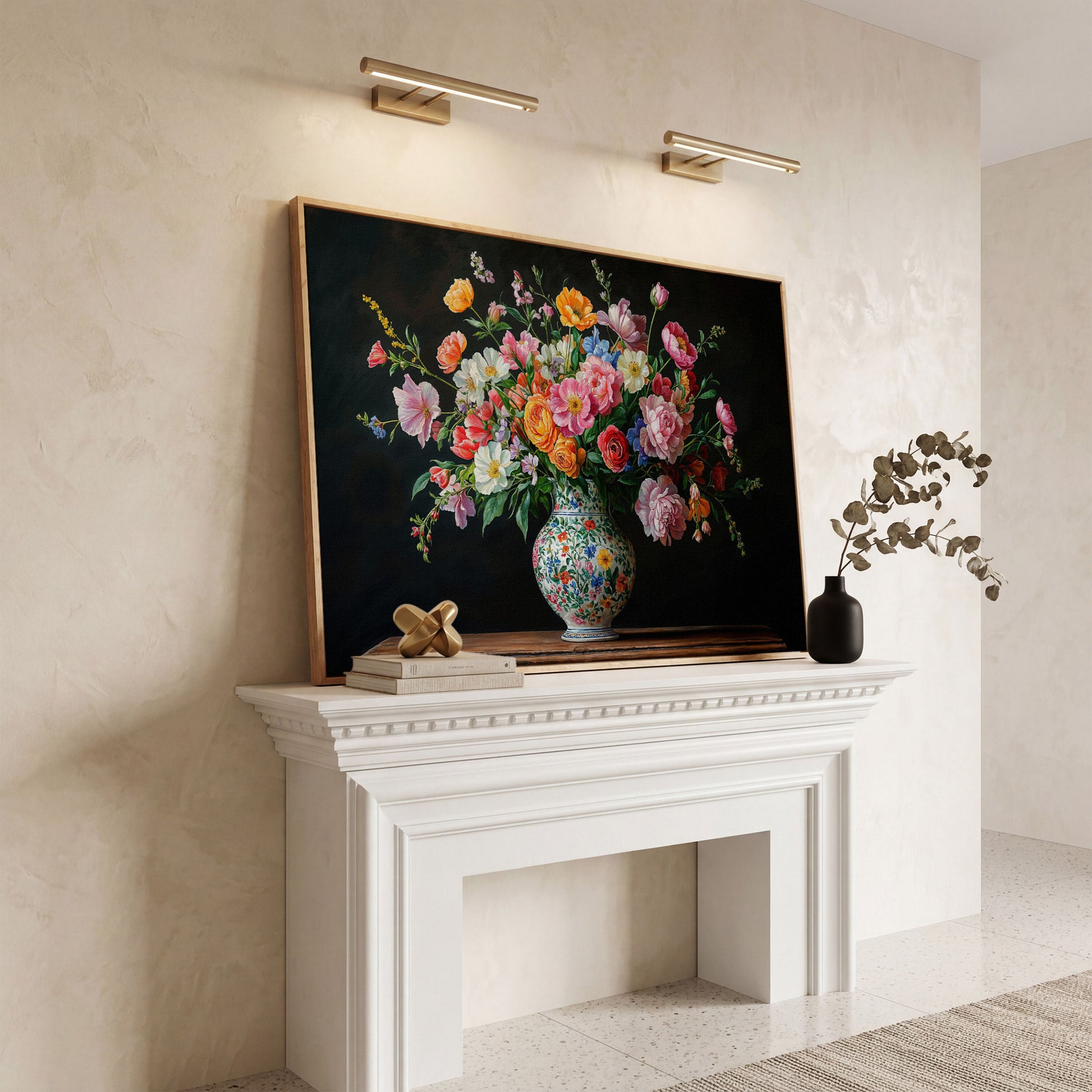 Bold Floral Bouquet in Ornate Vase Canvas Wall Art in white oak floating frame