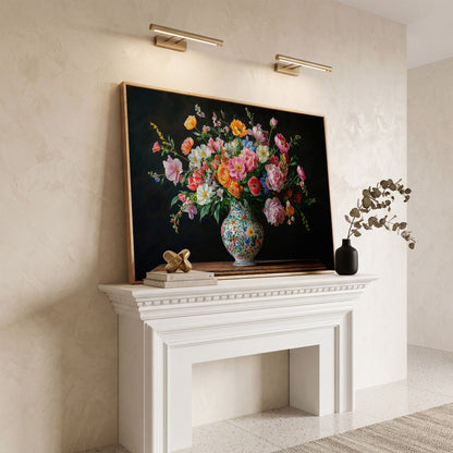 Bold Floral Bouquet in Ornate Vase Canvas Wall Art in white oak floating frame