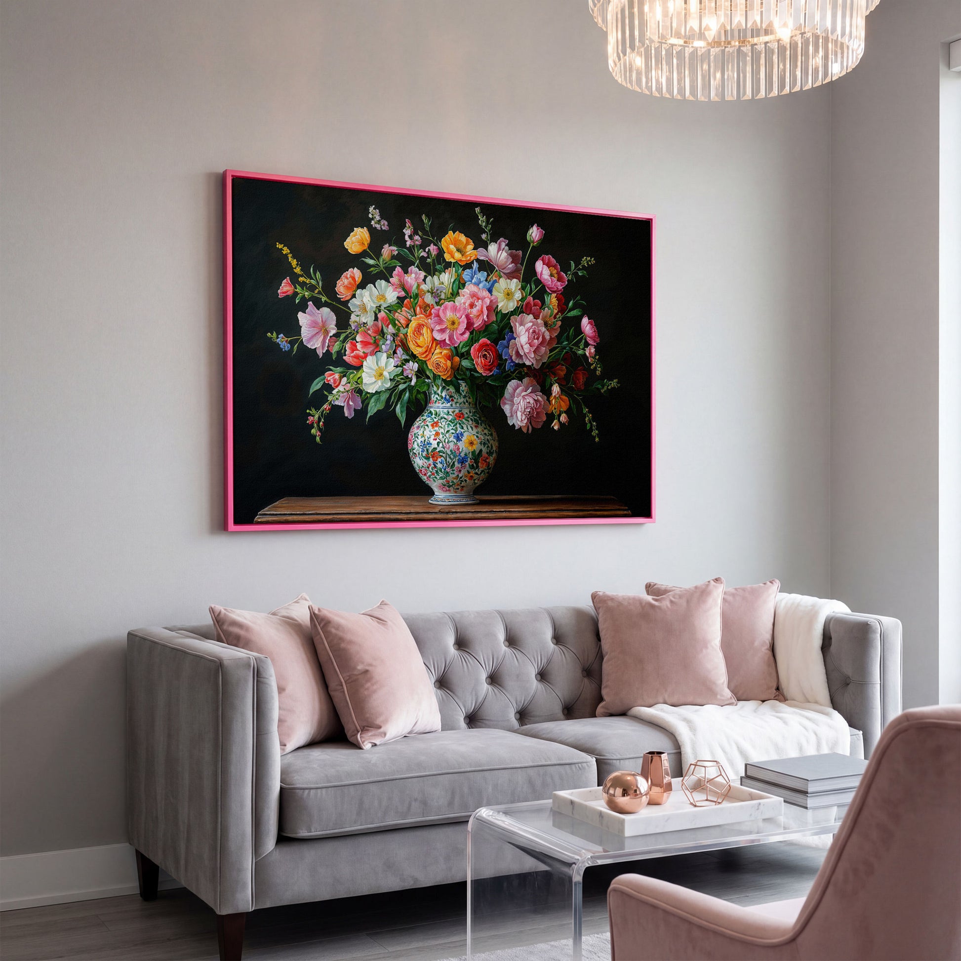 Bold Floral Bouquet in Ornate Vase Canvas Wall Art in pink floating frame