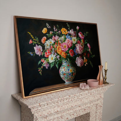 Bold Floral Bouquet in Ornate Vase Canvas Wall Art in rose gold floating frame