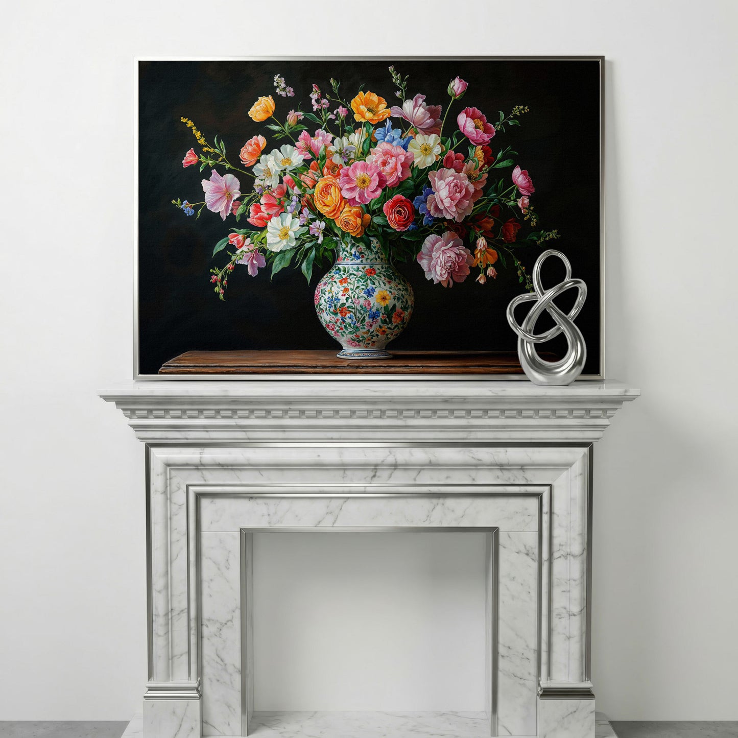 Bold Floral Bouquet in Ornate Vase Canvas Wall Art in silver floating frame