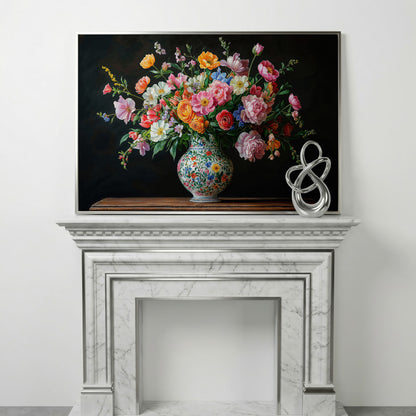 Bold Floral Bouquet in Ornate Vase Canvas Wall Art in silver floating frame