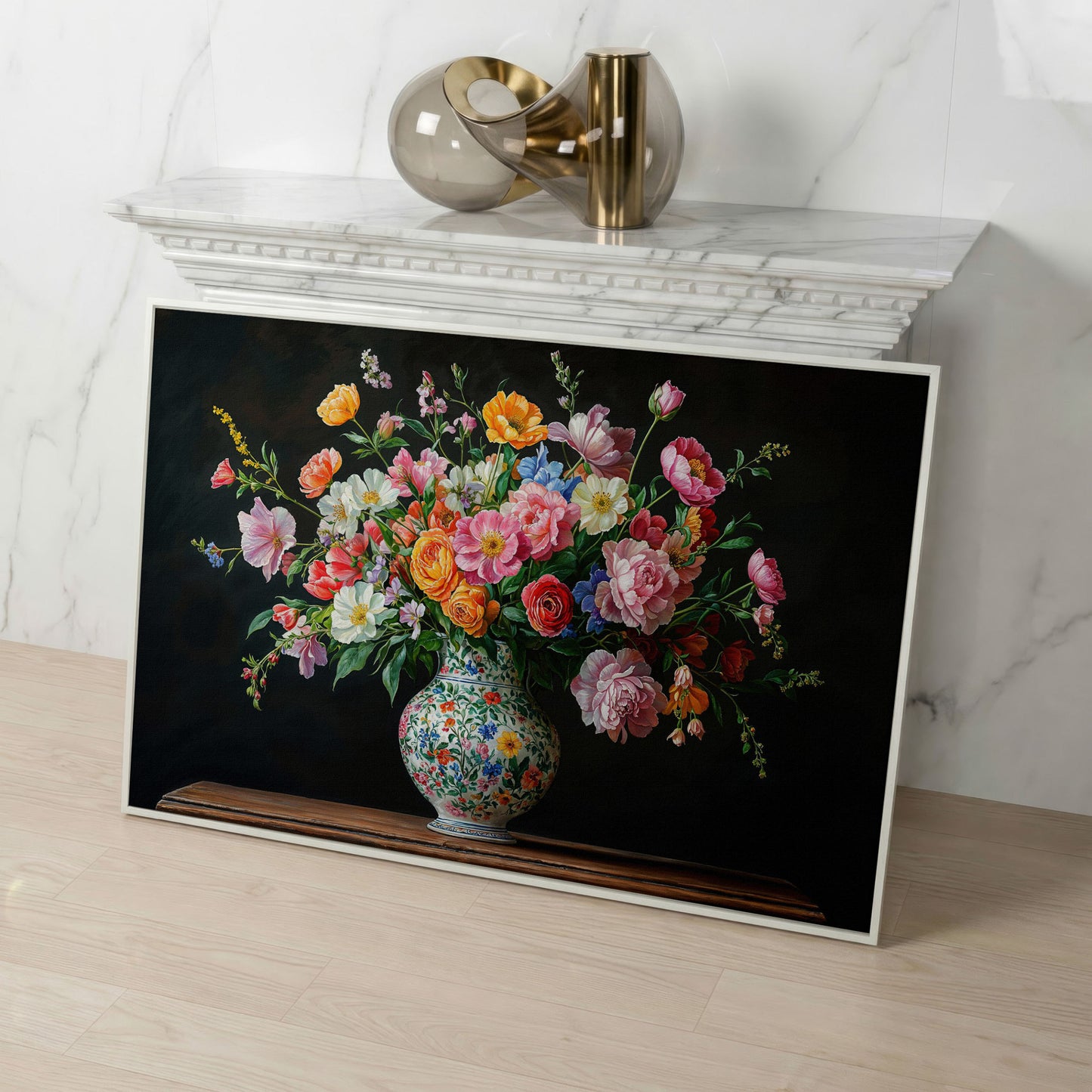 Bold Floral Bouquet in Ornate Vase Canvas Wall Art in white floating frame
