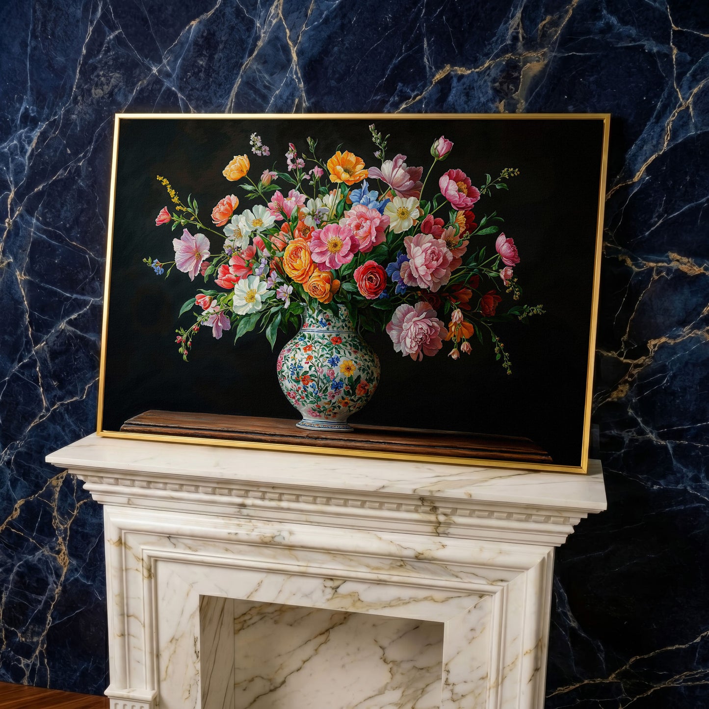 Bold Floral Bouquet in Ornate Vase Canvas Wall Art in yellow gold floating frame