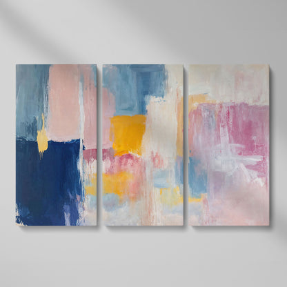 Navy, Blush & Mustard Geometric Canvas as 3-panel split version