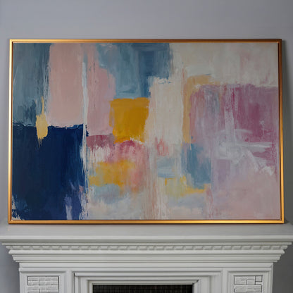 Navy, Blush & Mustard Geometric Canvas in antique gold floating frame