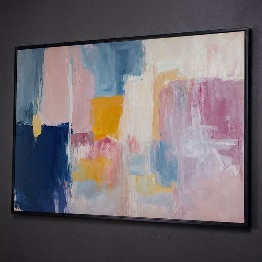 Navy, Blush & Mustard Geometric Canvas shown in black floating frame