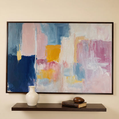 Navy, Blush & Mustard Geometric Canvas in dark walnut floating frame