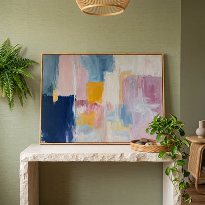 Navy, Blush & Mustard Geometric Canvas in white oak floating frame