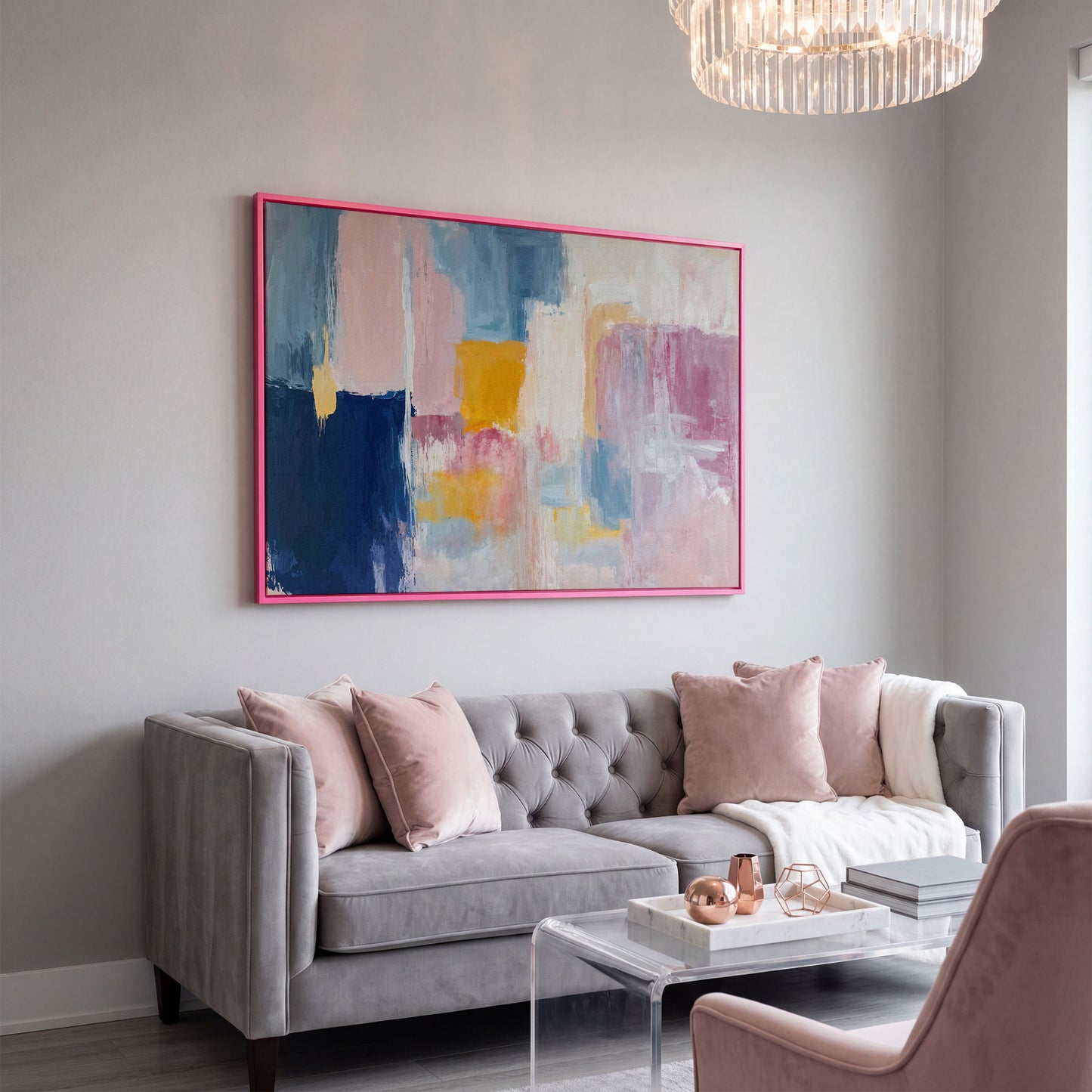 Navy, Blush & Mustard Geometric Canvas in pink floating frame